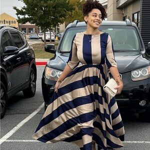 Navy and tan striped midi dress with 3/4 sleeves